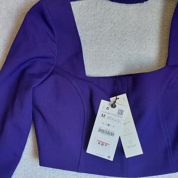 Zara M Purple Crop Top Long Sleeve Square Neck Side Zip - NWT - Picture 2 of 9